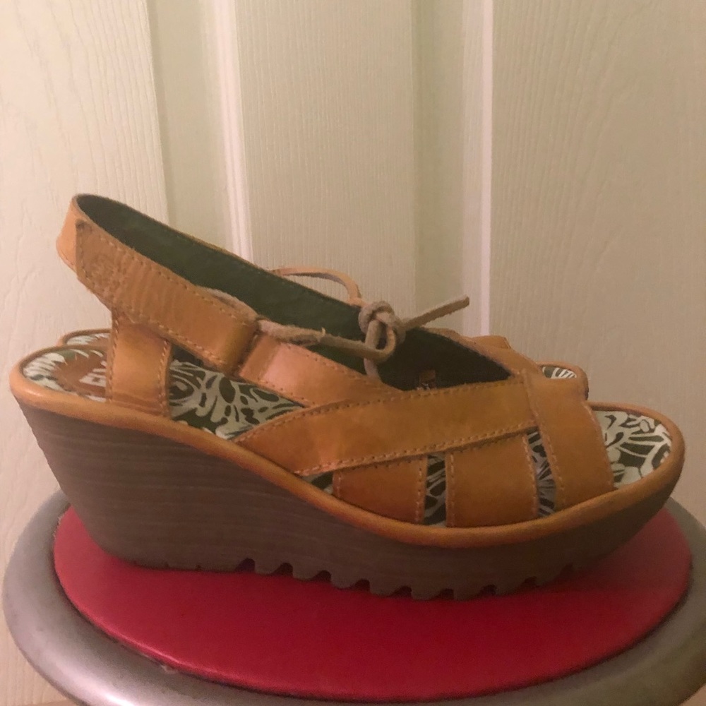 FLY LONDON, yellow leather cut out wedge sandals